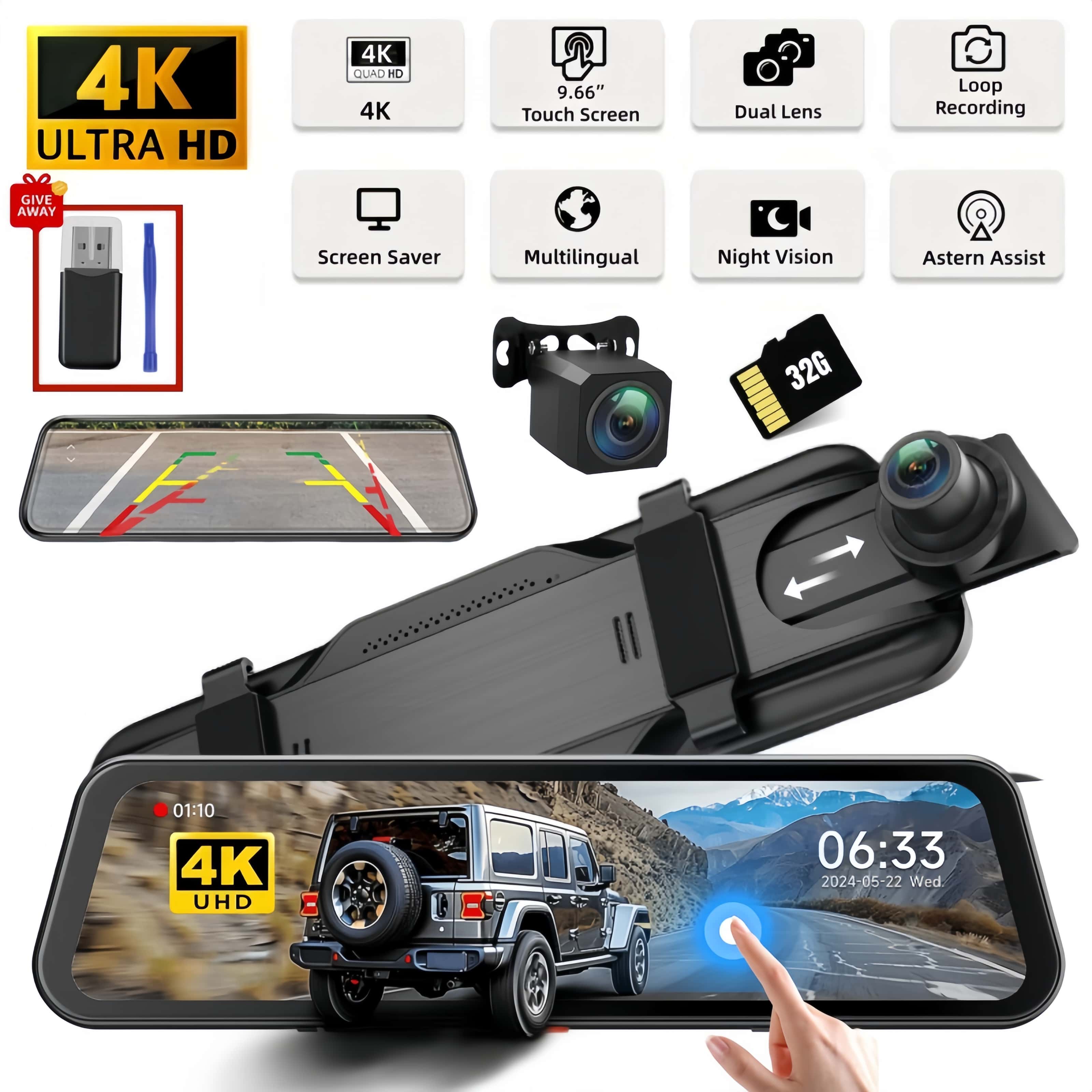 9.66インチIPSタッチスクリーンミラーダッシュカム前後、4Kデュアル録画、AHDバックアップカメラ、ナイトビジョン、Gセンサー。期間限定
