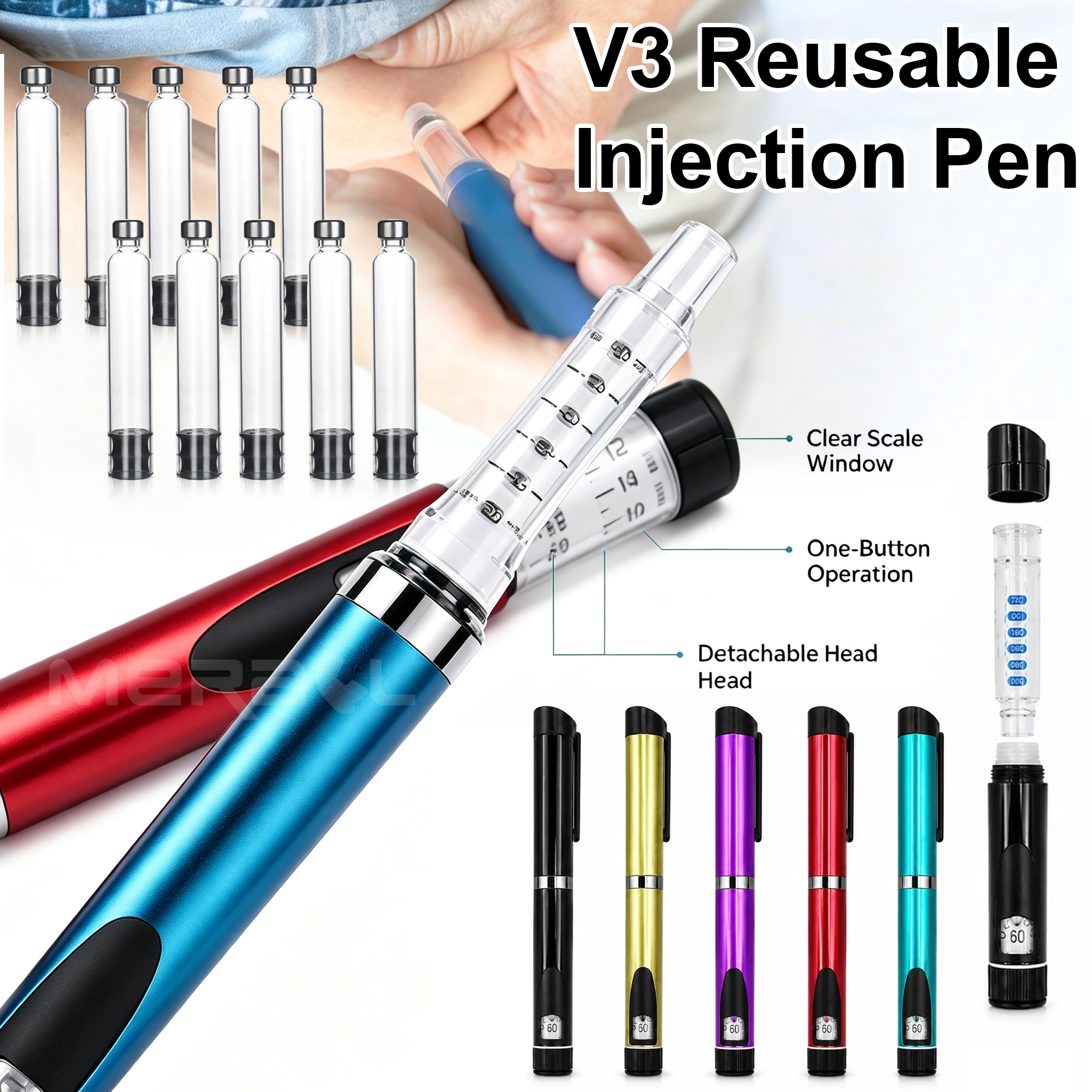 V3 再利用可能な注射ペン 金属注射ペン 空のインスリン注射ペン カートリッジボトル付き 家庭用 調整可能な用量