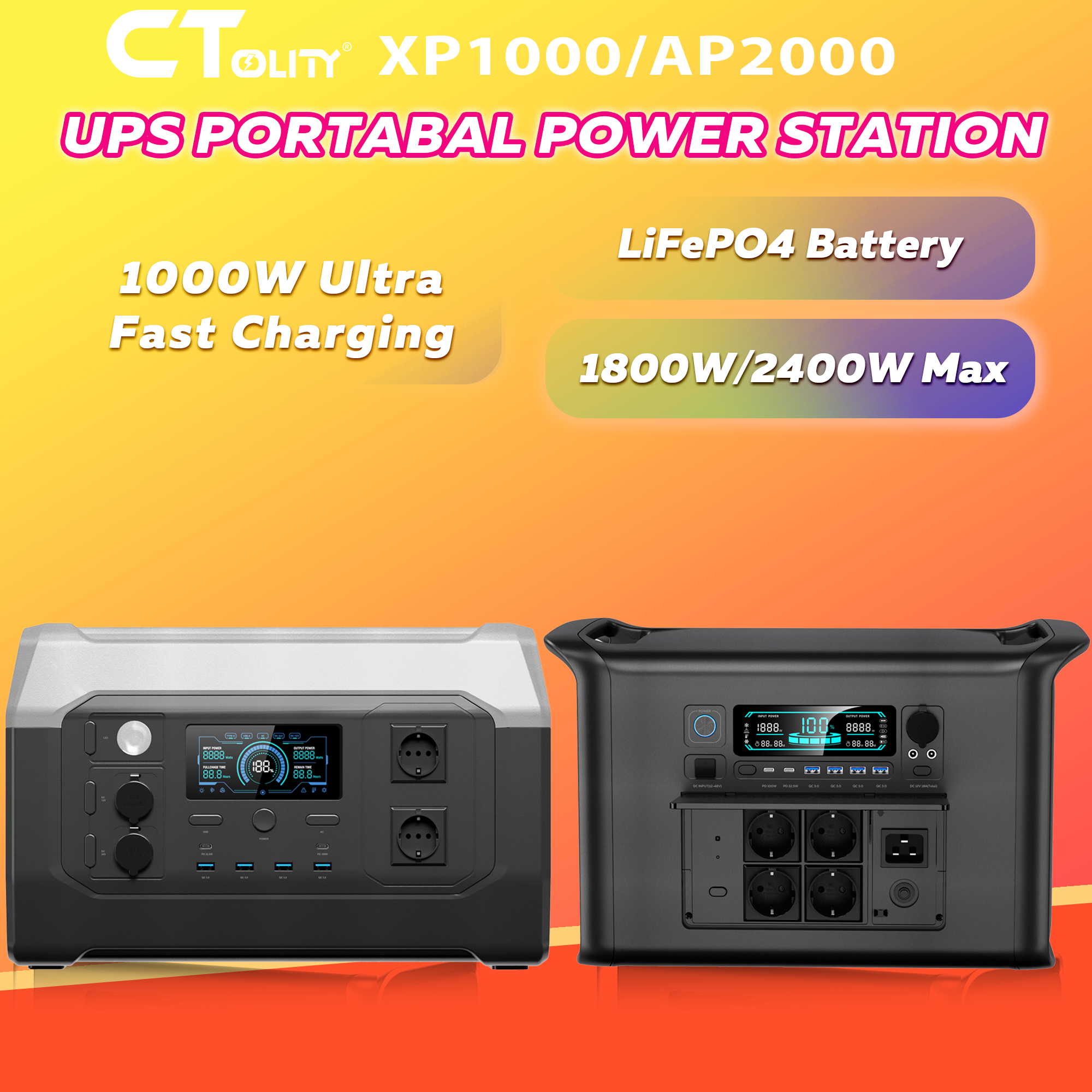 CTOLITY 1800W/2400W ポータブル電源ステーション 1024Wh/2048Wh ソーラー発電機 エネルギー貯蔵電源 キャンプ用 LiFePO4 バッテリー
