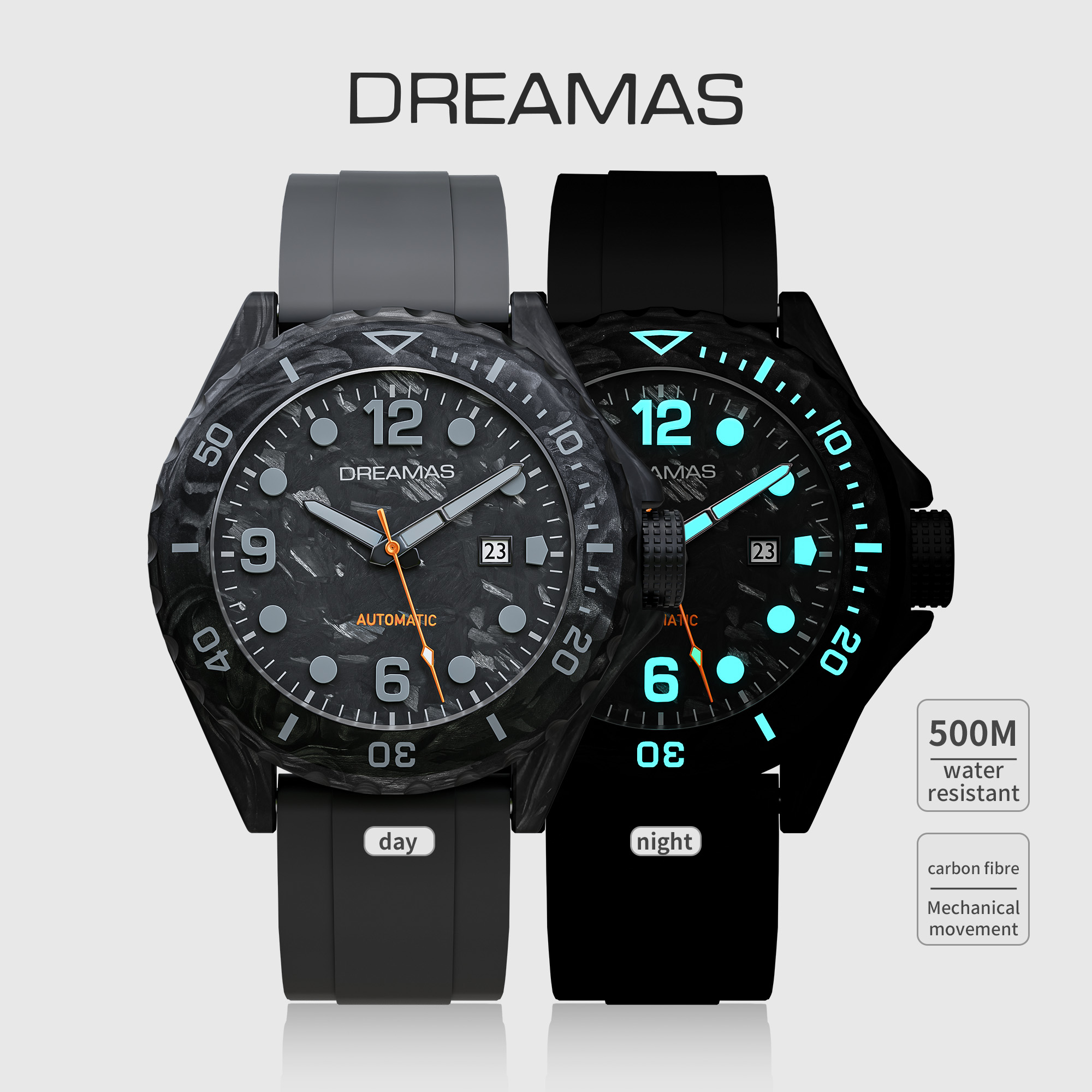 DREAMAS カーボンファイバーメンズ腕時計自動機械式ダイビングウォッチ 500 メートル防水スイス 3D 発光スポーツ腕時計