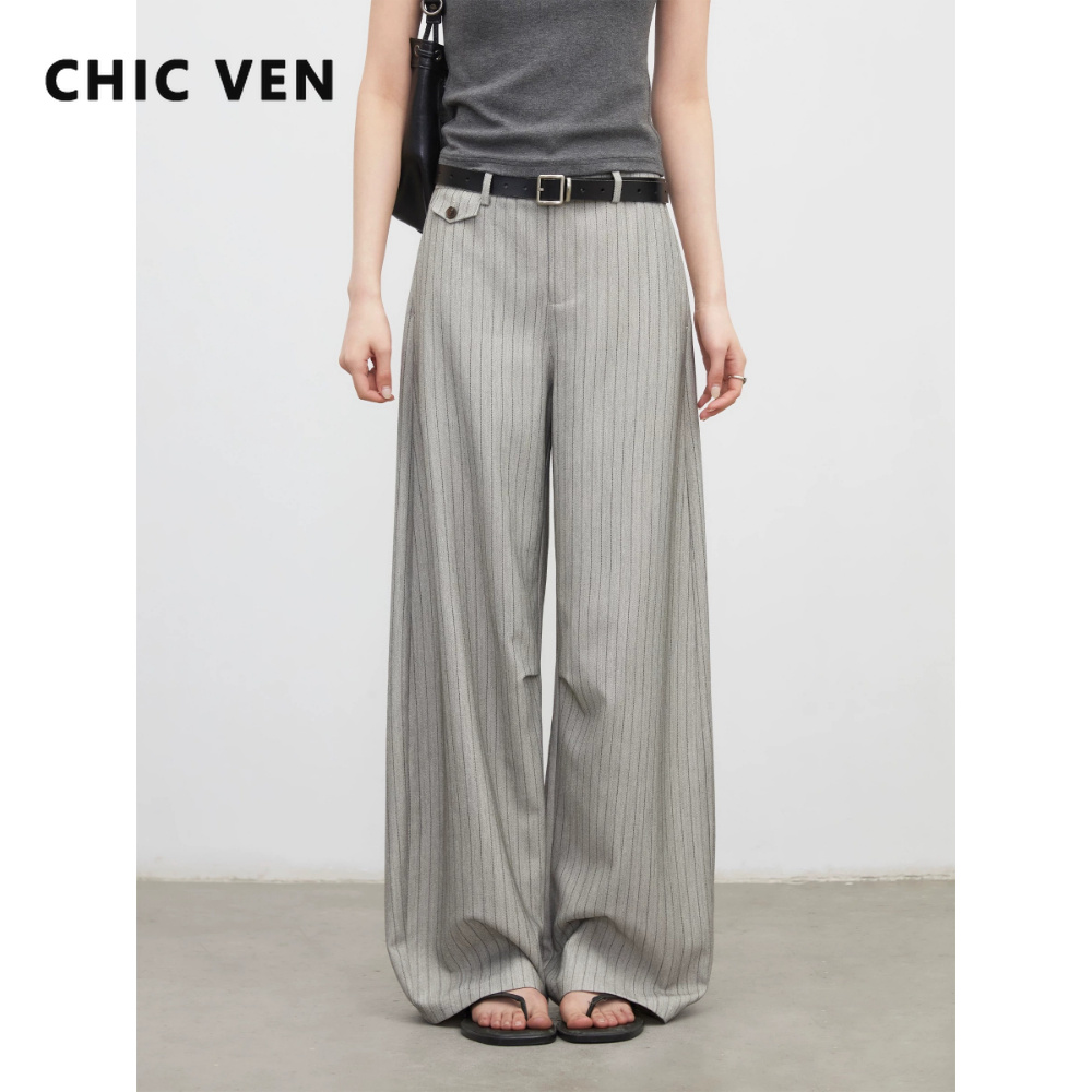 CHIC VEN New Fashion Women Trousers Loose Casual Herringbone Office Ladies Wide Leg TR Suit Pants Side Pocket Spring Summer 2026