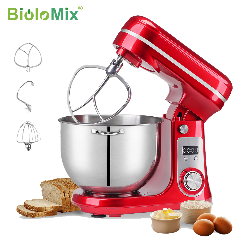 BioloMix キッチンフードスタンドミキサー、ブレンダー、静かなモーター、クリーム卵泡立て器、ホイップ生地ニーダー、6スピード、1200 W、6 L、DC