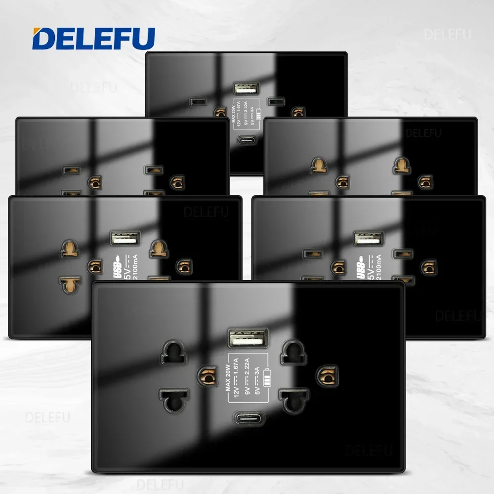 DELEFU 強化ガラスパネルメキシコ標準タイプ C 急速充電アメリカンソケット 124*76 ミリメートル壁ソケットスイッチ黒