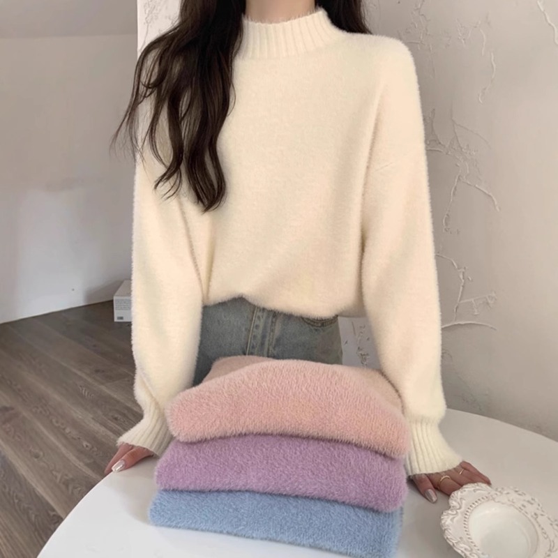 女性ファジーニットセーターハーフハイネックルーズ長袖プルオーバーソフトミンクカシミヤジャンパーカジュアル暖かい冬の基本トップ