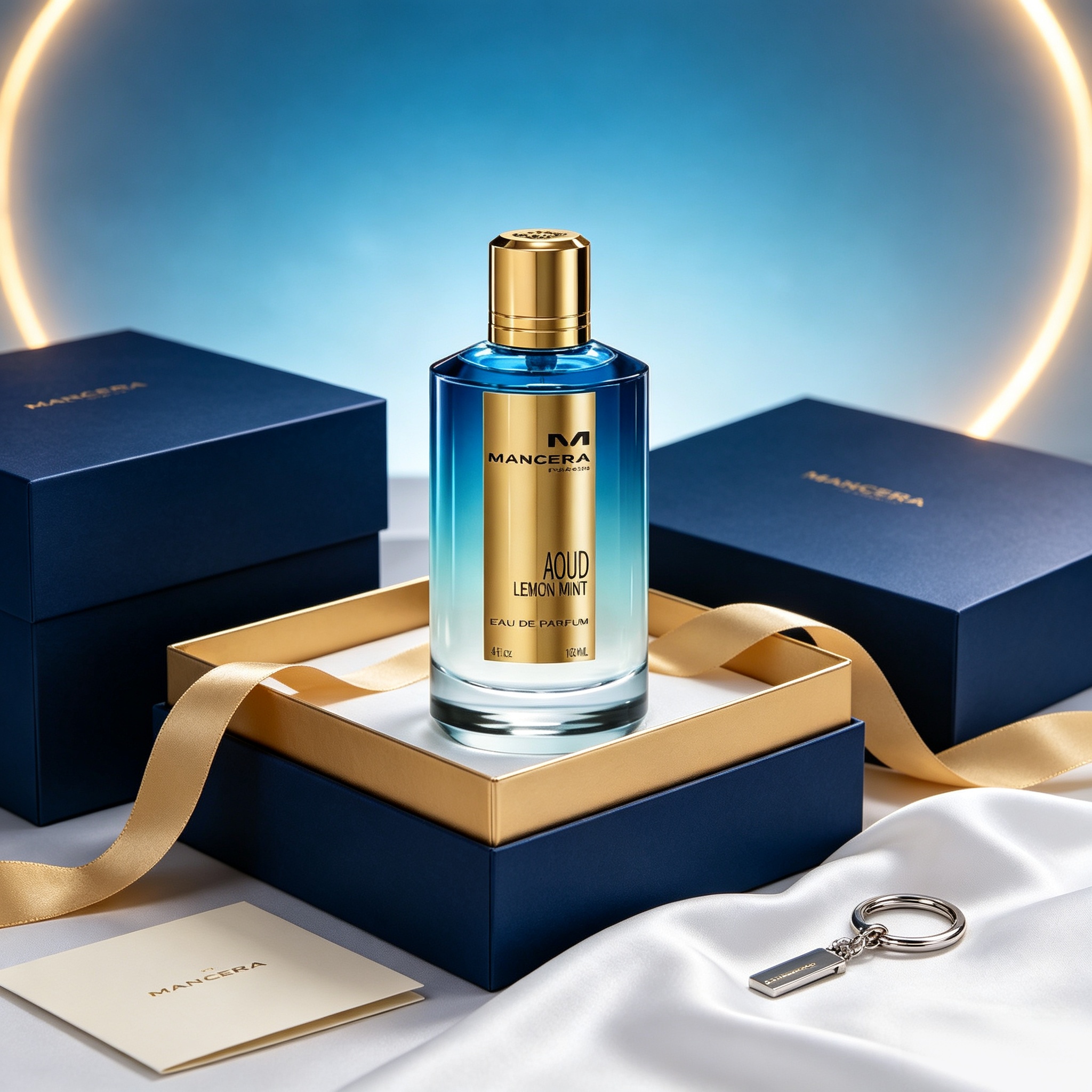 マンセラ フレンチ リビエラ ユニセックス EDP 120ml グロス ブルー ホワイト グラデーション スクエア ボトル ポリッシュド ゴールド リブ キャップ ゴールド ボーダー ホワイト アイリス ラベル クリスプ シトラス アクアティック マリン ウッディの香り サマー ビーチ ヨット バケーション