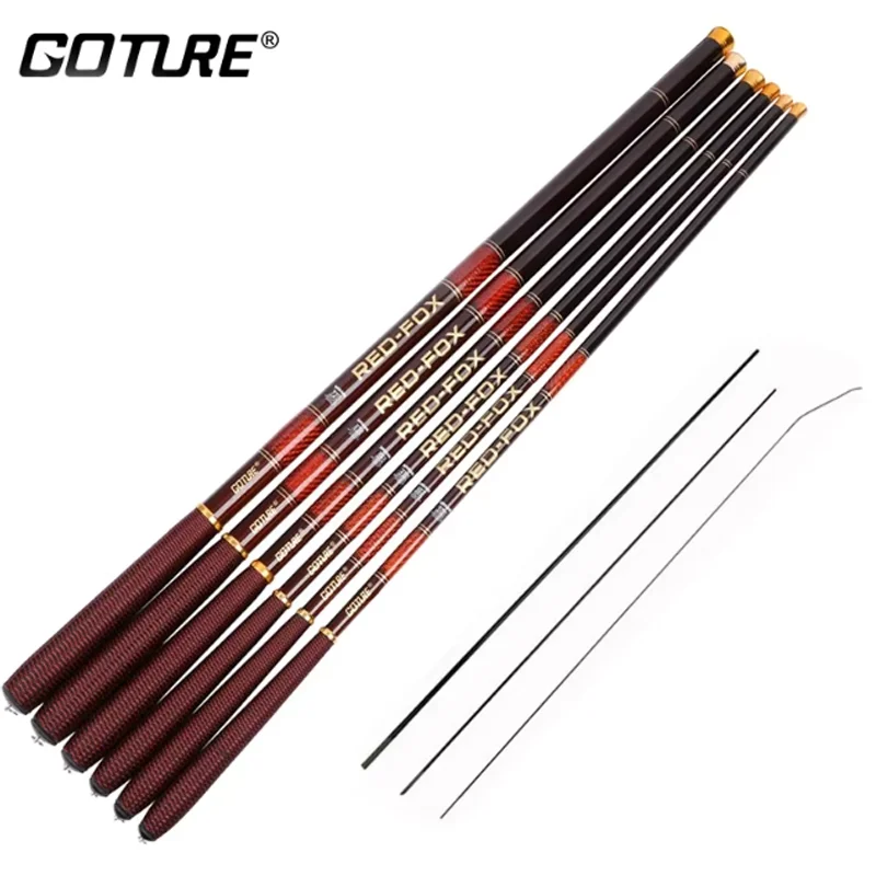 Goture RED FOX 超軽量鯉釣り竿 3.0m-7.2m ストリームポールロッドカーボンファイバーパワーハンド台湾釣り竿淡水用