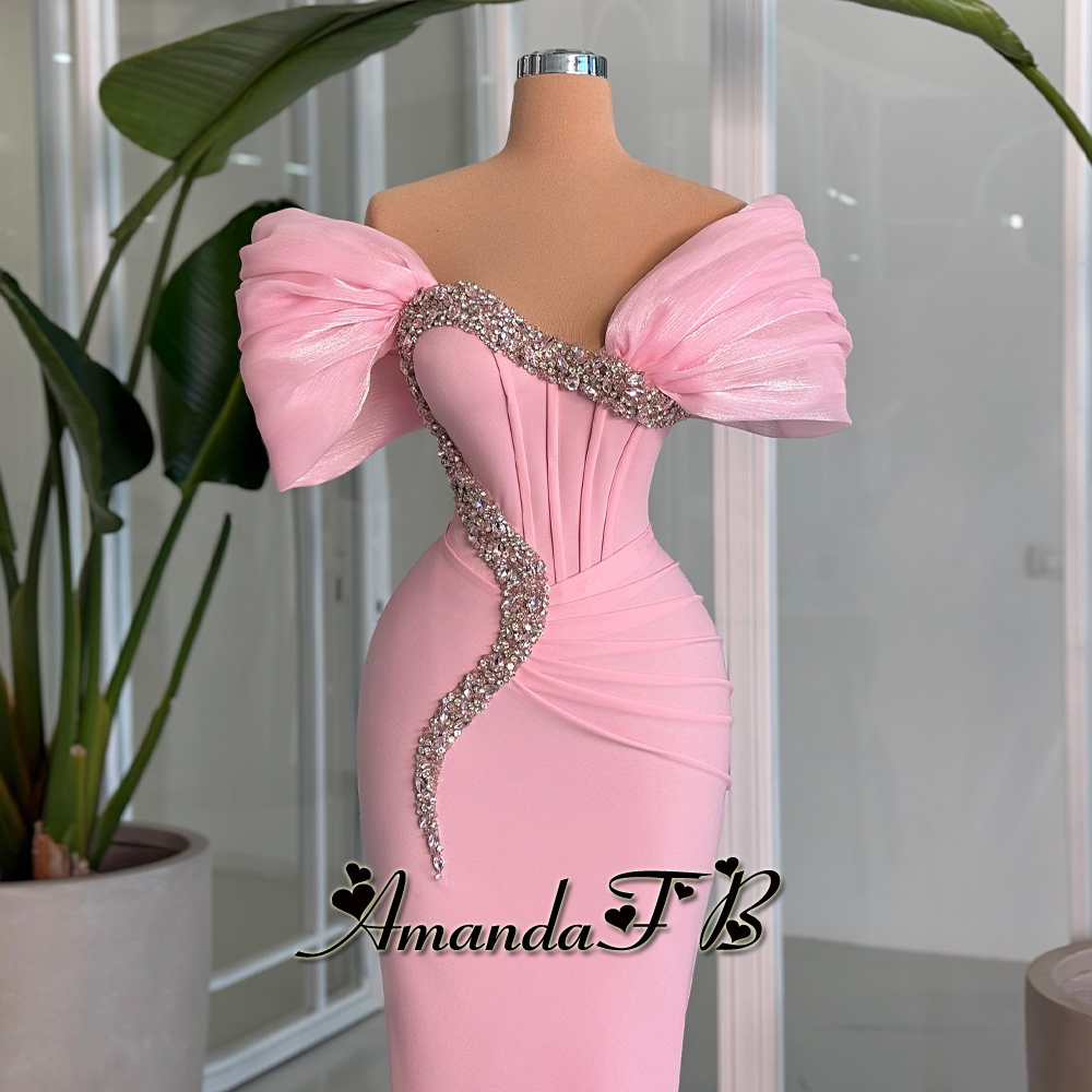アマンダトレンディオフショルダーイブニングドレスラインストーンプリーツマーメイド恋人フォーマルパーティードレス Vestido デ Noche カスタマイズ