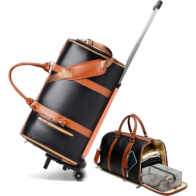 3 in 1 ローリング ダッフル バッグ 45L 防水 キャリーオン コンバーチブル ガーメント バッグ 旅行用ホイール付き ブラック