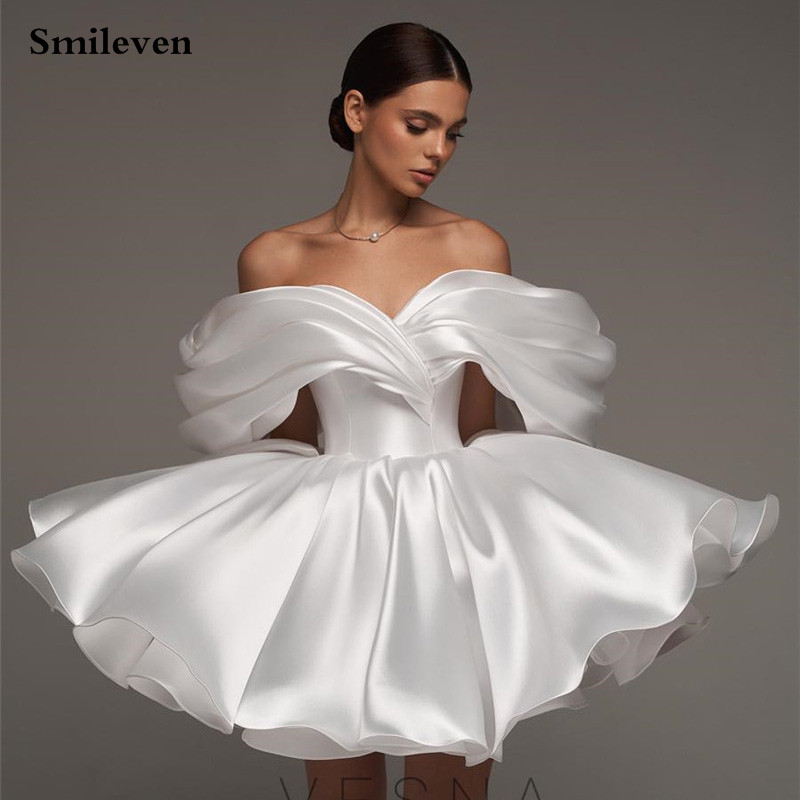 Smileven ショートウェディングドレス A ラインソフトサテンオフショルダー花嫁ドレスミニ恋人ネック Vestido デノビアカスタマイズ
