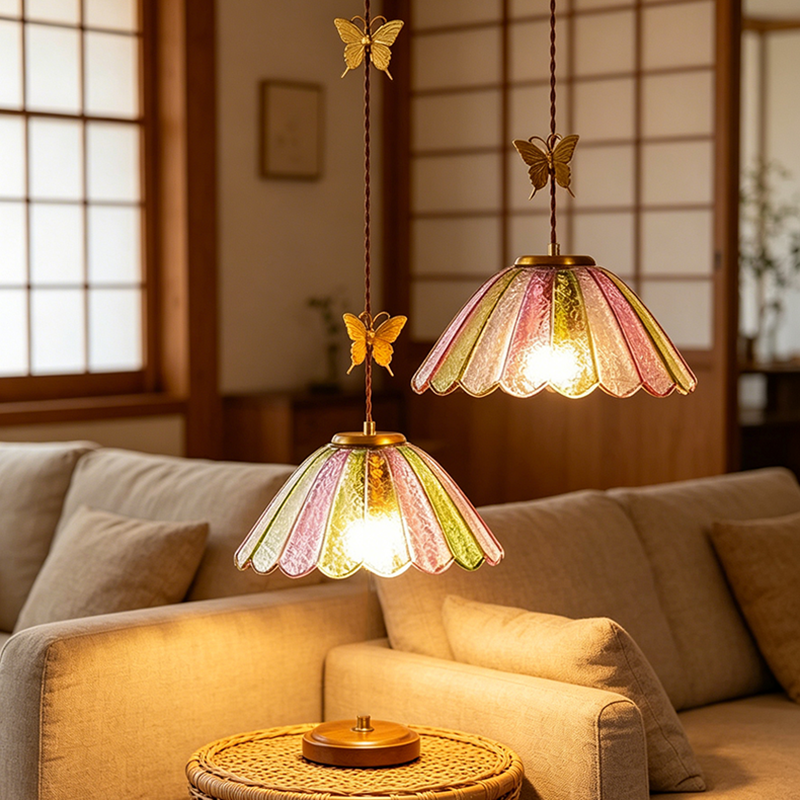 レトロな色ガラス吊り天井ランプ E27 アルミ銅照明器具蝶家の装飾 LED ペンダントライト