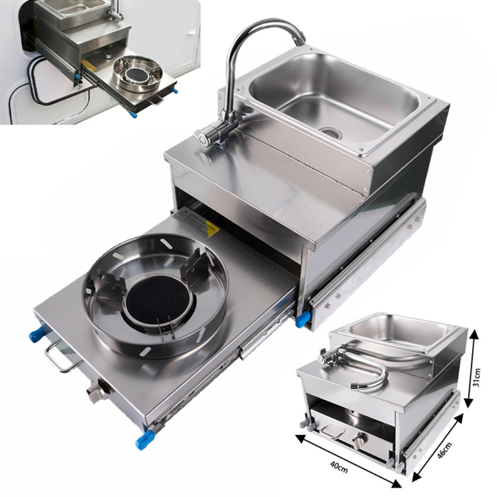 ステンレススチール製屋外引き出し式 RV シンク ガスストーブ付き スライドアウトキッチンクックトップ キャンピングカー トレーラー キャラバン キャンピングカー用