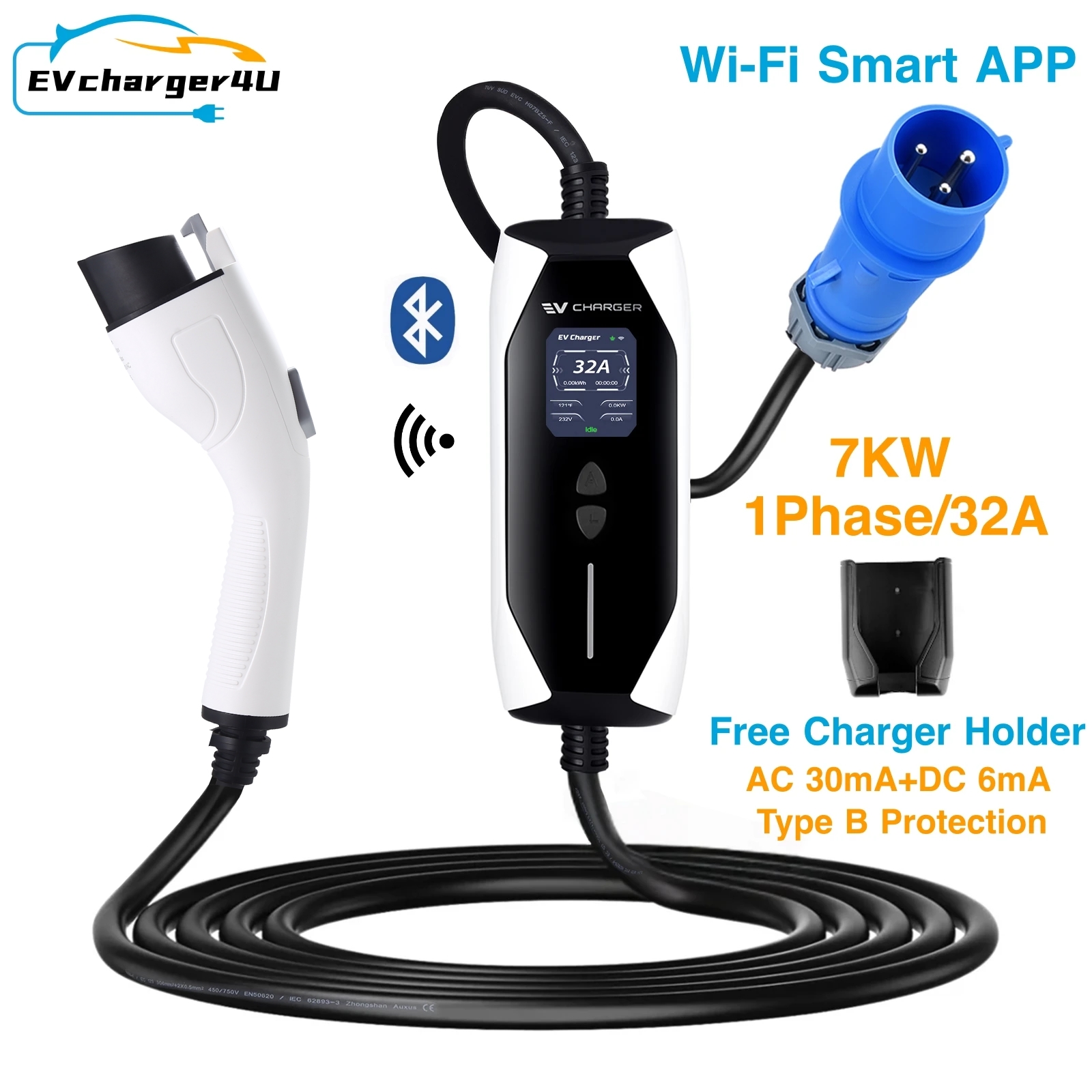 EVcharger4U J1772 ポータブル EV 充電器 1P 32A 7KW EVSE 充電ボックス 6A/8A/10A/13A/16A/32A 米国 JAP 韓国製電気自動車用