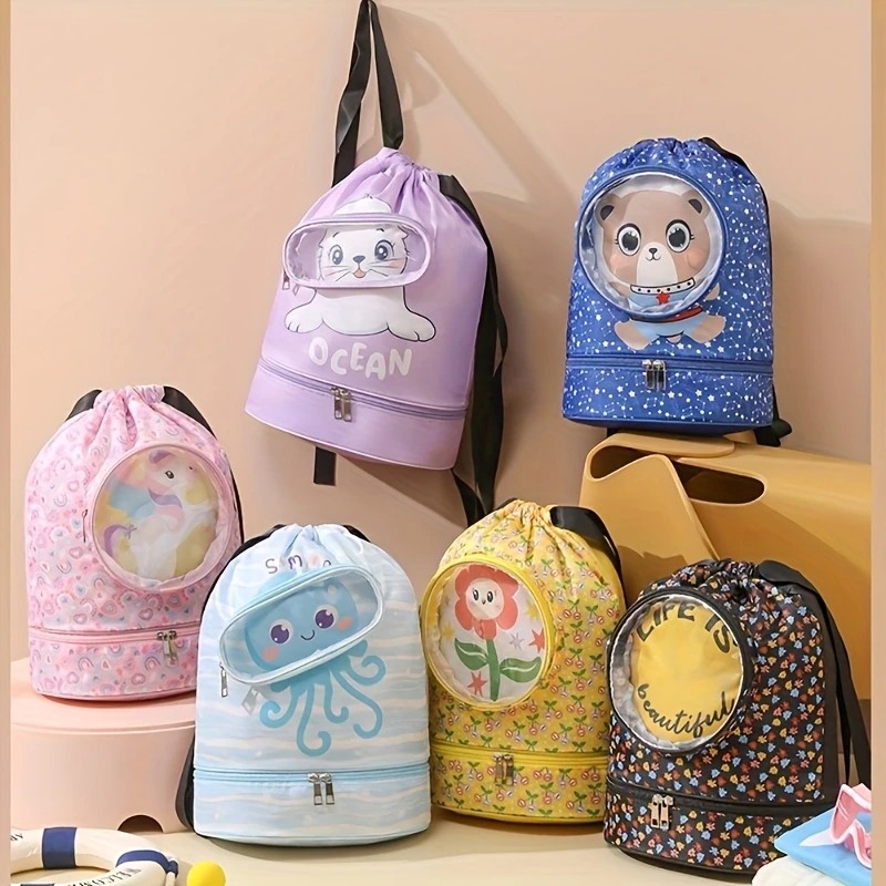 子供用巾着ジムバッグ 防水巾着バックパック スイムバッグ コンパートメント付き プルストリング スポーツバッグ ウェットスイミング用