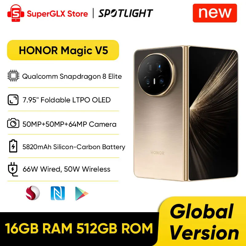 HONOR Magic V5 グローバルバージョン 5G 折りたたみスマートフォン Snapdragon 8 Elite 7.95" LTPO OLED ディスプレイ 5820mAh バッテリー 66W スーパーチャージ
