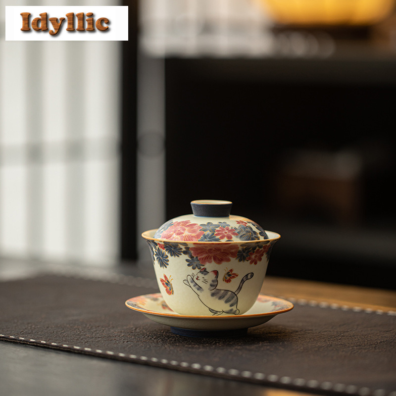 130 ミリリットル手描きゴールドトリムフォーチュン猫 Gaiwan アンティーク茶チュリーン茶ボウル蓋キット茶醸造カバーボウル茶クラフト