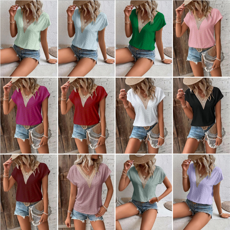 Elegant Women's Top Short Sleeved Tshirt Summer V-neck Lace Casual Solid Color Bat Sleeve T-shirt Y2k  Women's T-shirts Футболки