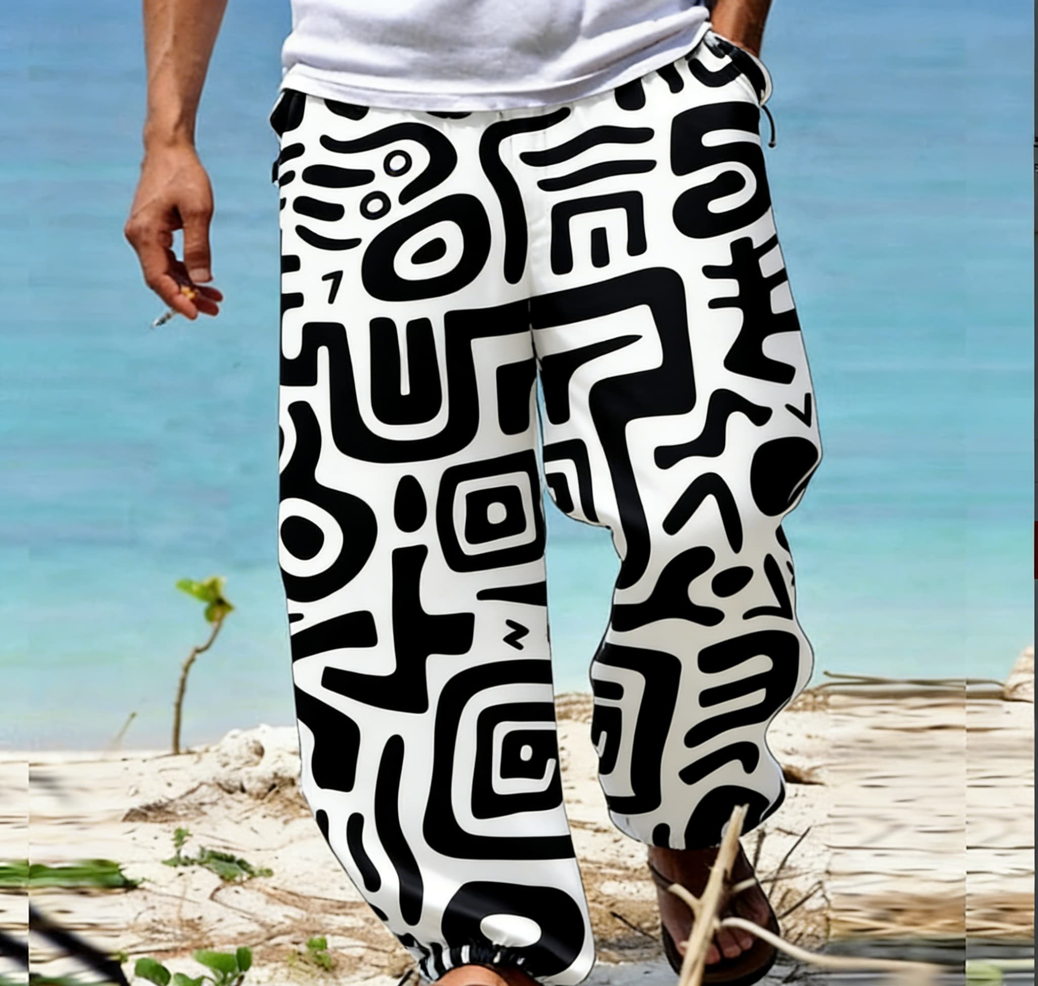 Men's Summer Thin Quick-Dry Hawaiian Tropical Style Black and White Geometric Print Beach Pants