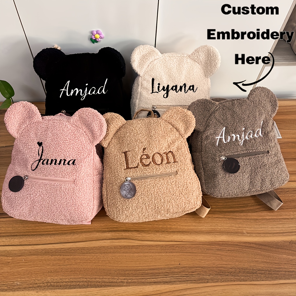 Cute Bear Ears Mini Backpack Custom Name Embroidery Corduroy & Plush School Bag for Kids Girls Women Toddler Daycare Gift