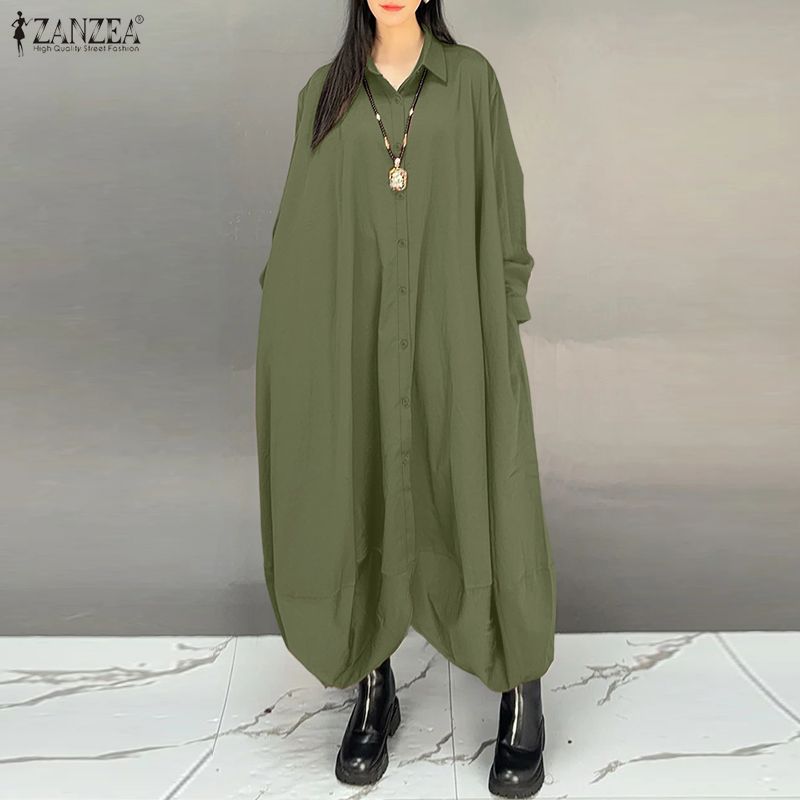 ZANZEA レディース 特大ジャンプスーツ 襟付き 長袖 ボタンアップ ドロップクロッチ ハーレム パンツ オーバーオール カジュアル ストリート 遊び着
