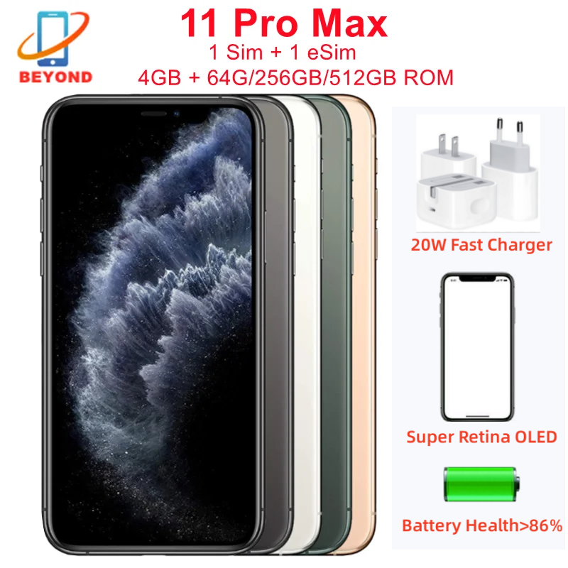 Apple iPhone 11 Pro Max ProMax 64GB 256GB 6.5インチ 本物の Super Retina XDR OLED Face ID A13 Bion 4G 98% 新しい電話 20W 急速充電器