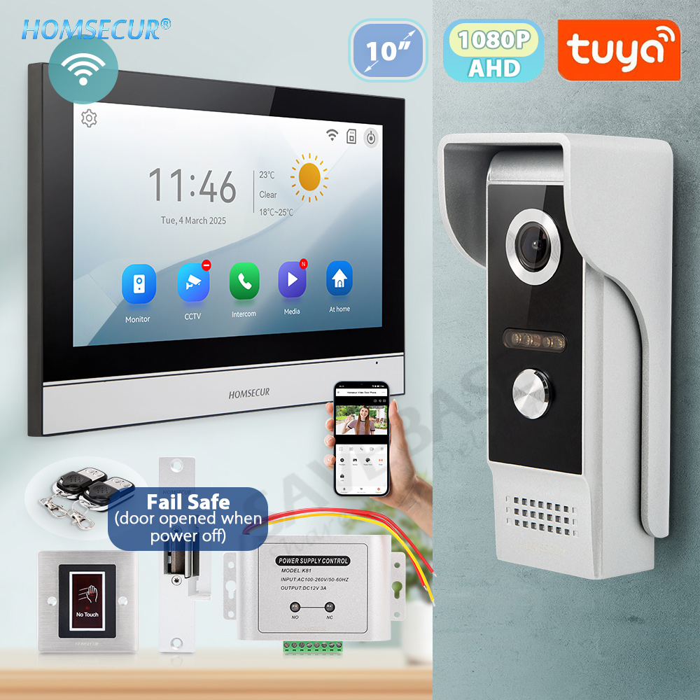 Tuya WiFi 10 インチビデオドアホン、DC12V フェイルセーフ NC ロック付き、1080P ドアベルカメラ、IP65 防水