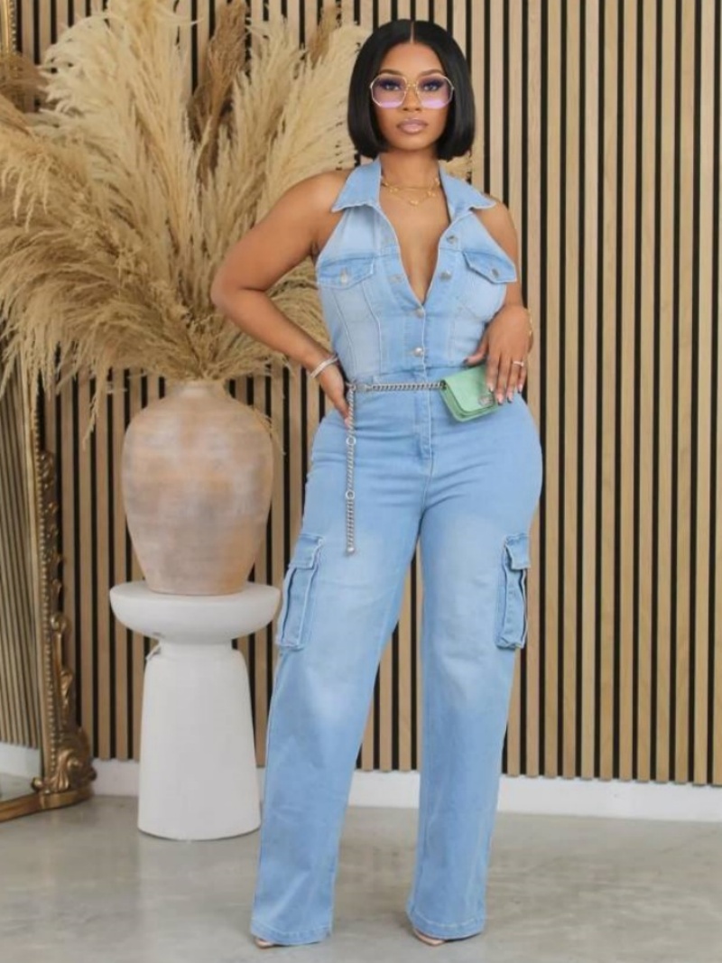 Fashion Denim Cargo Jumpsuits Summer Clothing Women 2026 Sleeveless Backless Straight Jeans Rompers One Pieces Overalls Outfits