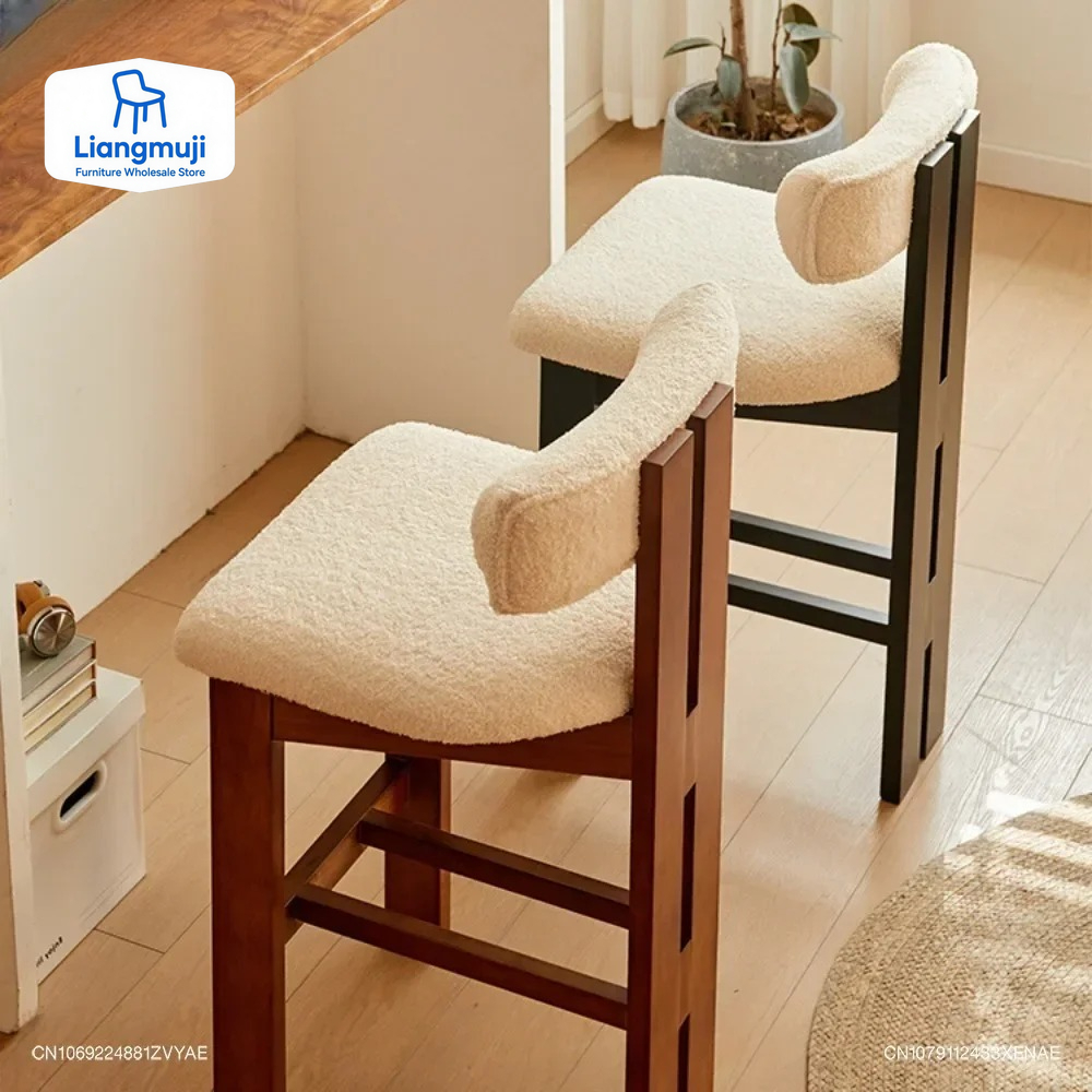 Nordic Retro Medieval Bar Chairs Home Usage Style Lamb Plush Soft Bag Backrest High Legged Stools Leisure Solid Wood Bar Chair
