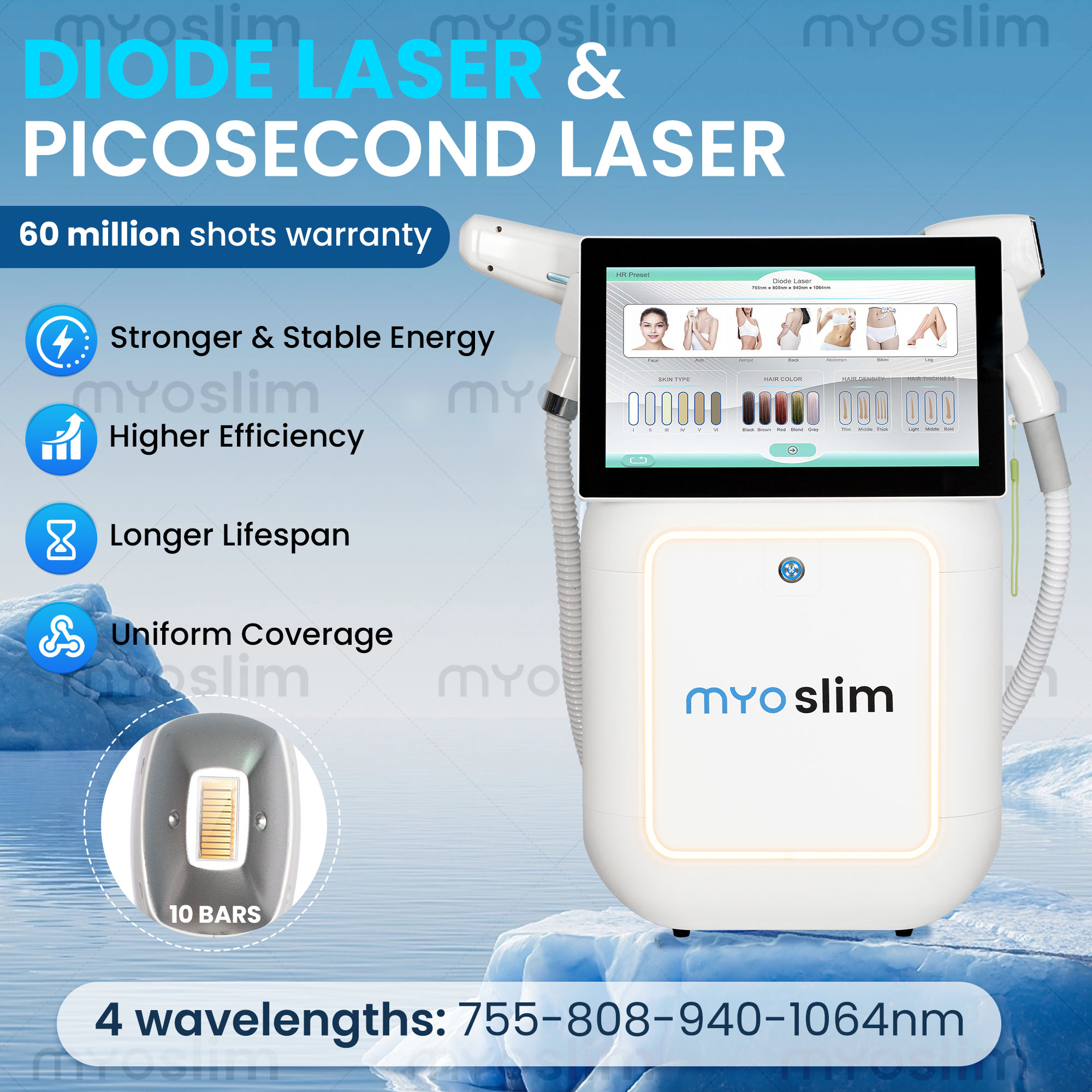 Professional 2In1 Diode Hair Removal Picosecond Equipment 4 Wavelength 755 808 940 1064nm 60M Shots Tattoo Spot Removal