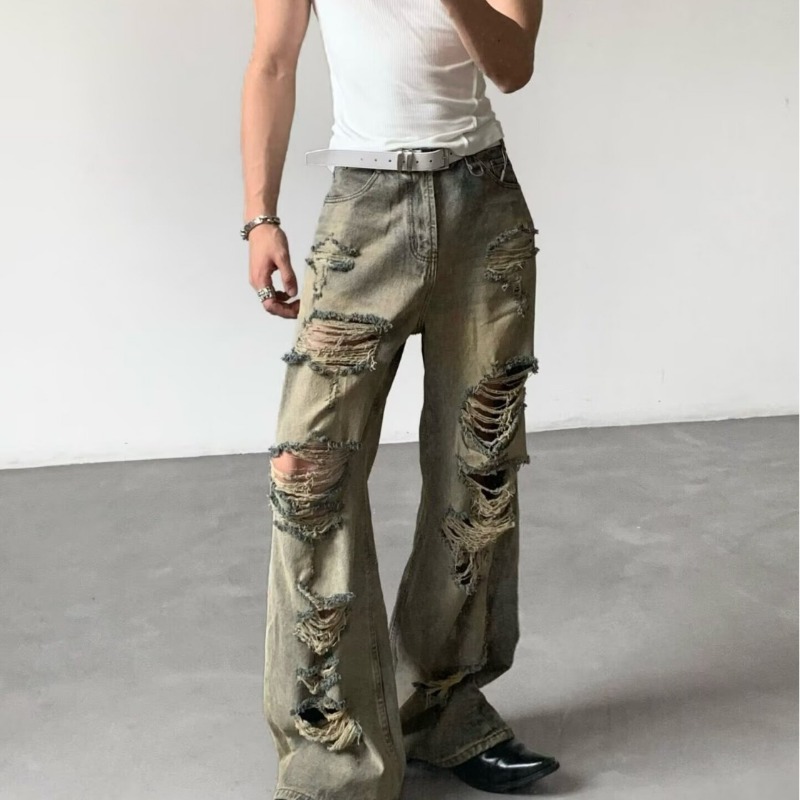メンズジーンズウォッシュリッピングデニムパンツ夏ストレートレッグユーズド加工ヒップホップストリート男のパンツヴィンテージだぶだぶのレトロ