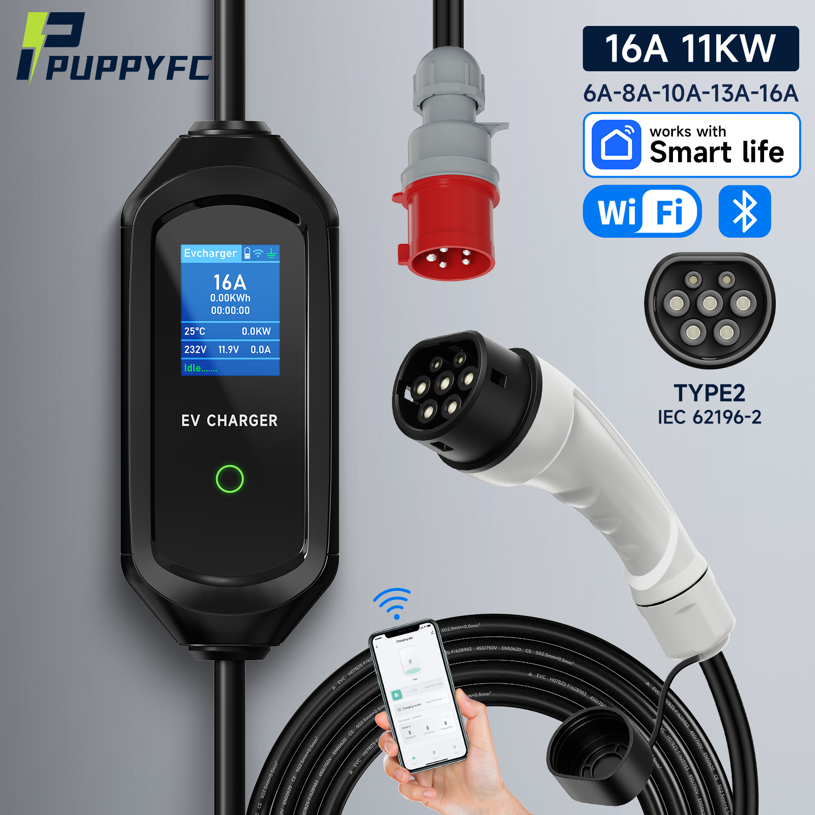 Puppyfc ポータブル EV 充電器 Type2 11KW 16A 3 相ウォールボックス EVSE 高速充電 CEE プラグ WiFi Bluetooth リモコン