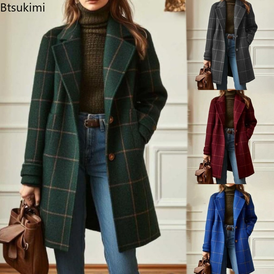Winter Women's Wool Mid Length Coats Jackets Blends Plaid Turn Down Collar Coat Thick Warm Y2k Streetwear Jacket Work Outerwear