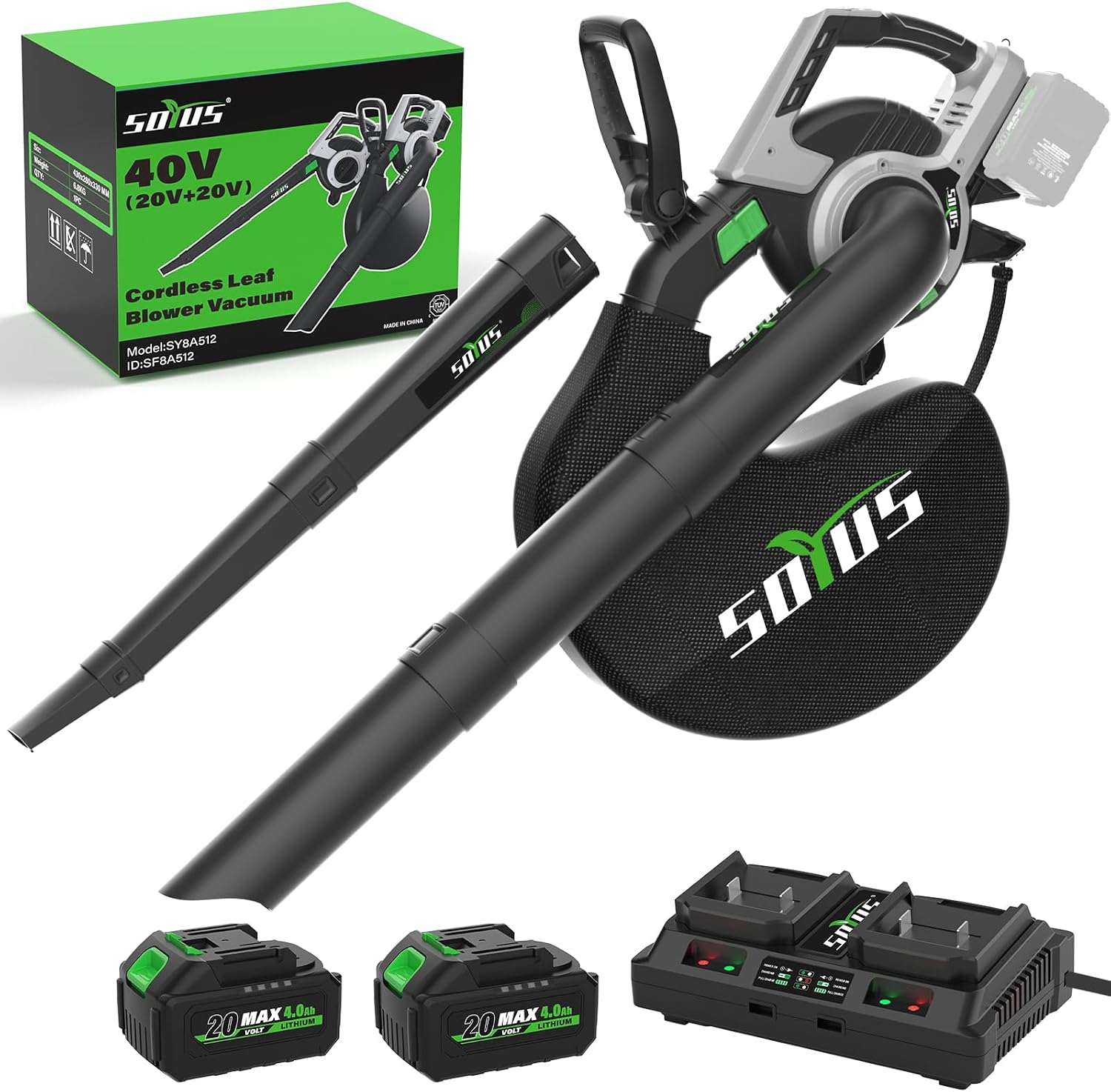 3-in-1 コードレスリーフブロワー真空マルチャー、385CFM ブラシレスモーター、5 スピード、45L バッグ、2x20V 4.0Ah バッテリー