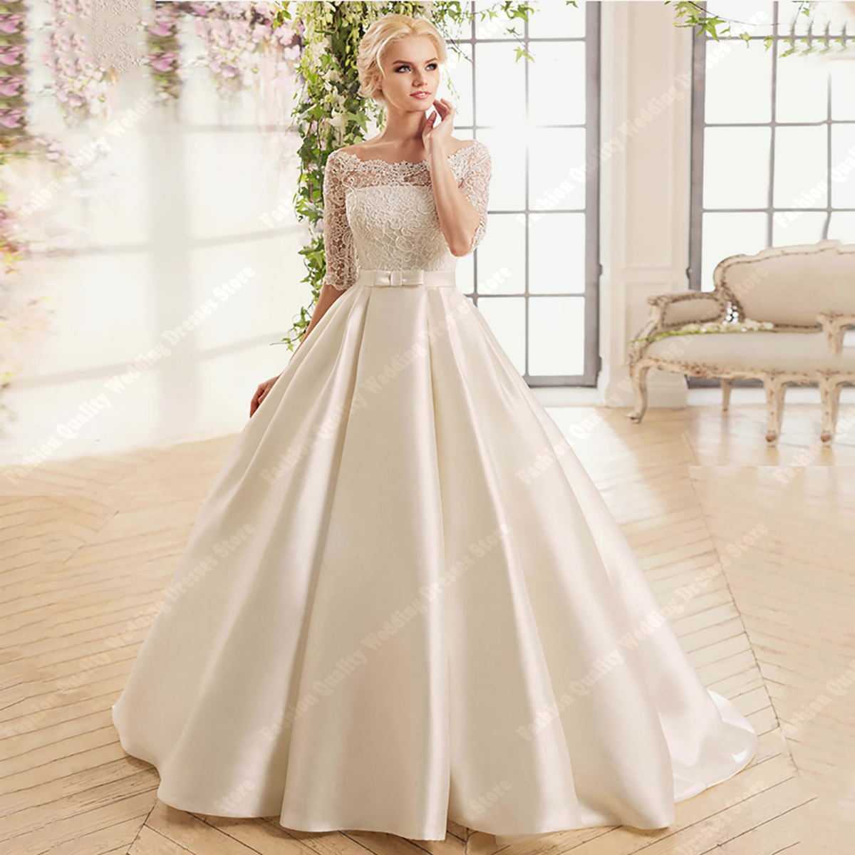 高品質ラウンドネックの花嫁ドレスクラシック明るいサテンのウェディングドレス新しい優雅な A ラインのウェディング Vestido デノビアカスタマイズ