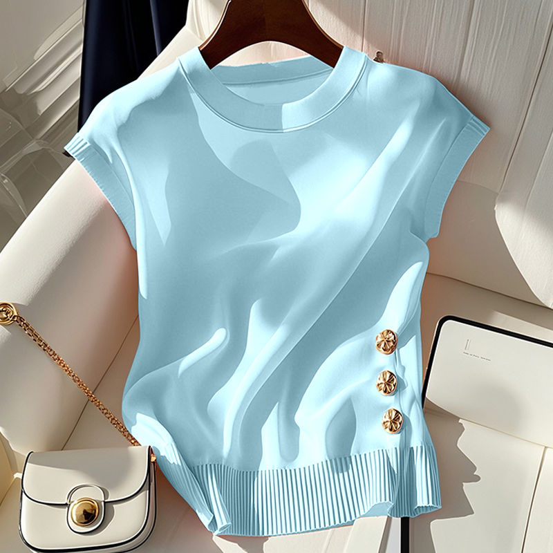 フレンチライトラグジュアリースタイル美しいピンクラウンドネックニットノースリーブTシャツ女性用夏シックな年齢軽減トップ
