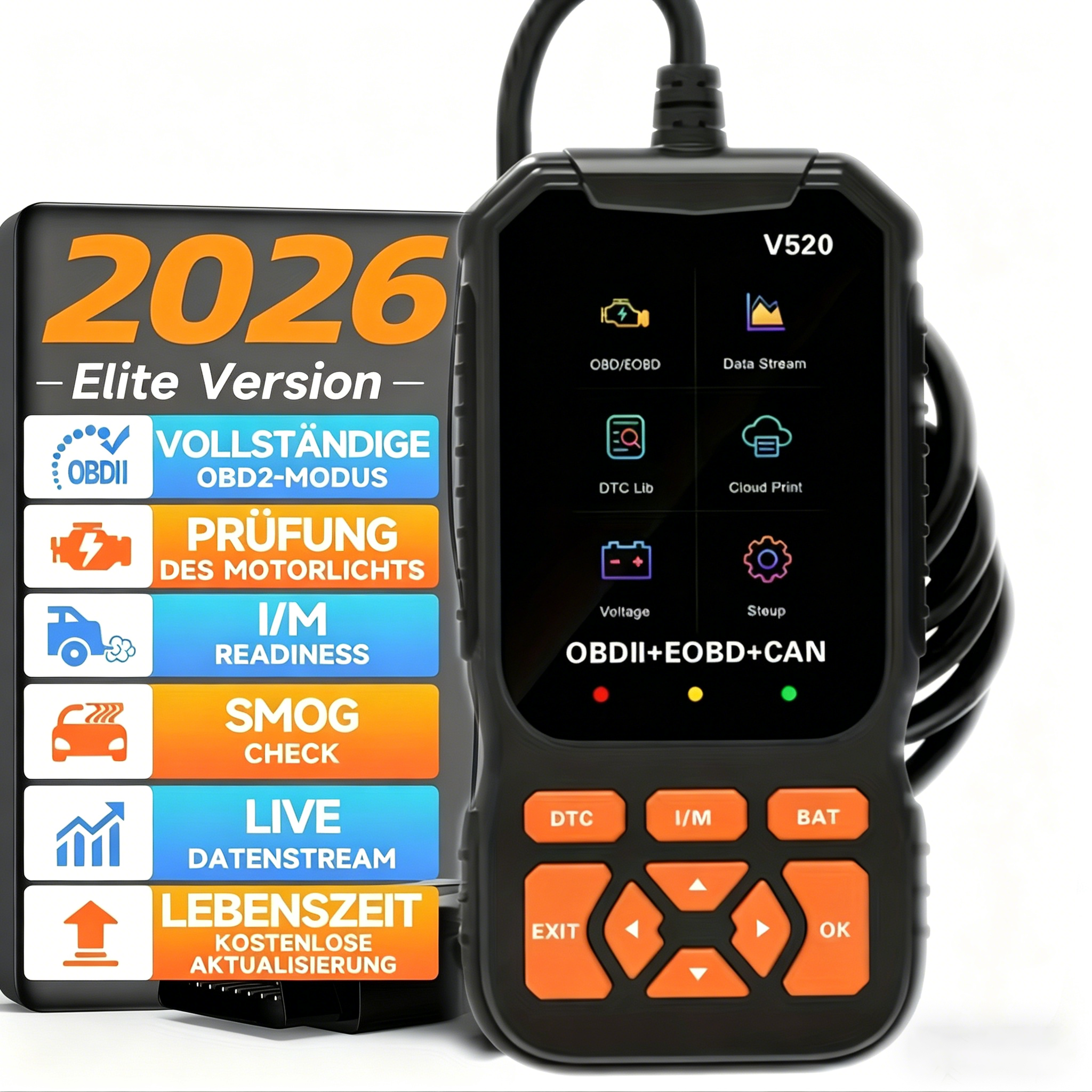V520 プロフェッショナル高度な Obdii/Eobd 車診断スキャンツール、バッテリーテスター、I/M 対応、障害コード消去装置、