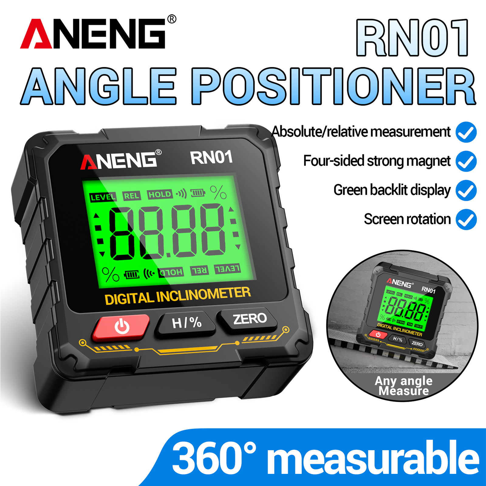 ANENG RN01 デジタル傾斜計 4 サイド強力 Mag 角度ゲージ 0.05 ° 解像度スロープレベルバックライト付きスクリーン木工精密測定