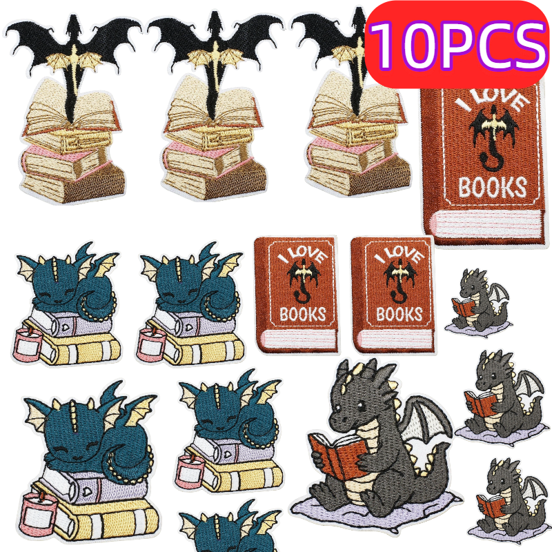 10 個一括読書恐竜ブックテーマ刺繍パッチラブブックドラゴンデザインアイアンで DIY 服装飾セット