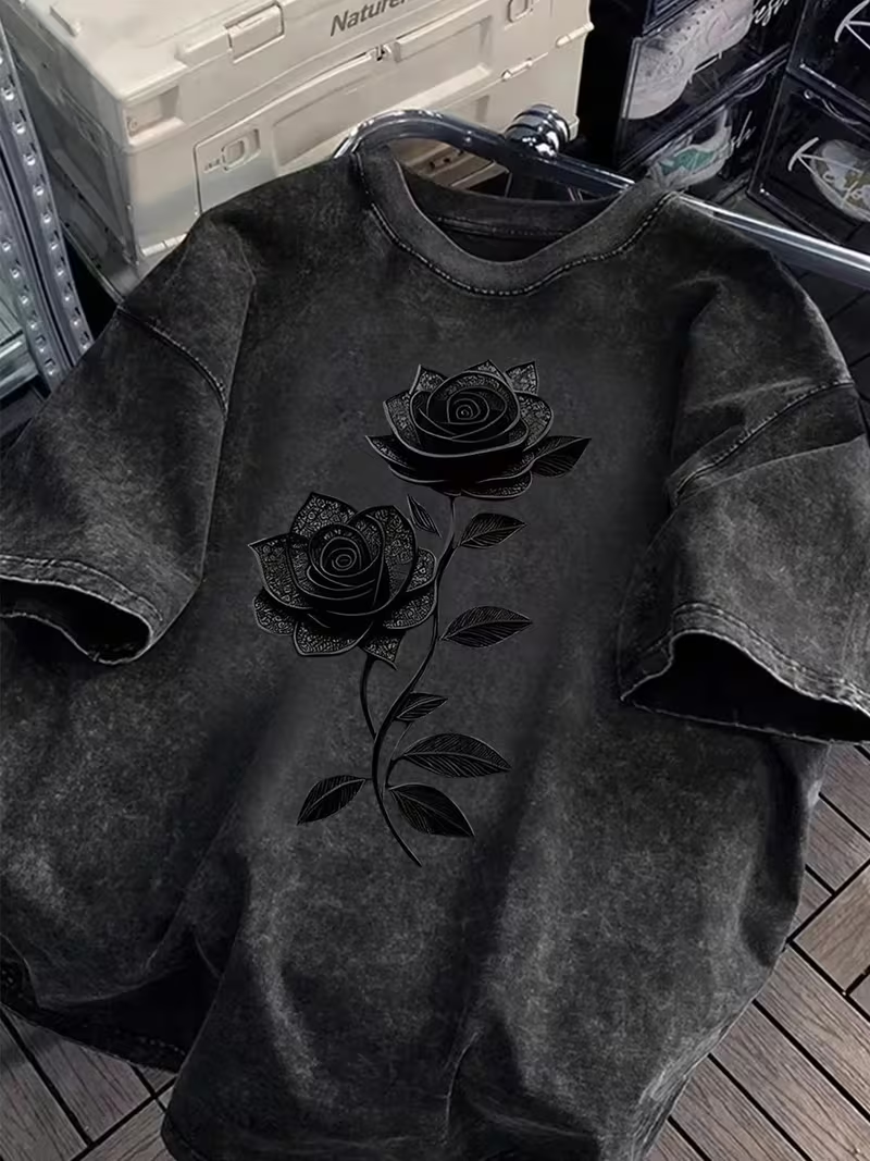 ダークブラックローズグラフィックプリントTシャツウォッシュヴィンテージカジュアルルーズストリートデイリーウェア半袖ゴストップ女性用