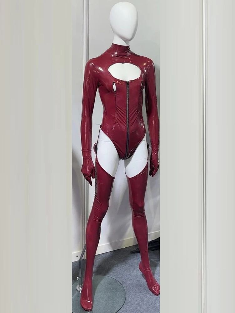 3 ピース/セットウェットルック PVC コスプレ衣装 Catusit 光沢のある Pu レザージッパーバストオープン股ボディスーツタイトなセクシーなボディテディストッキング