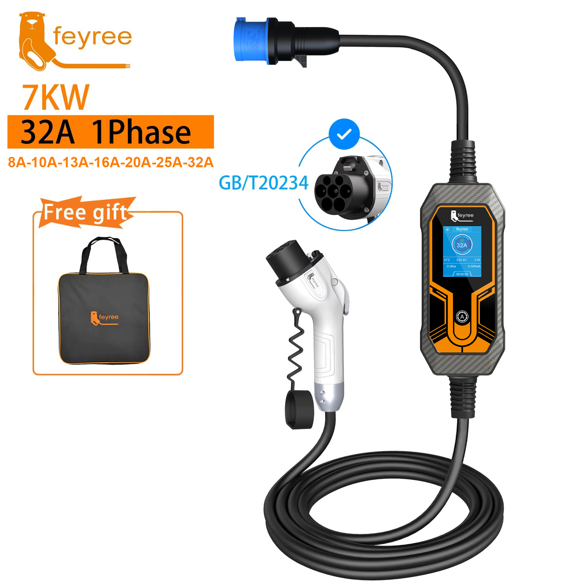 Feyree ポータブル EV 充電器 GB/T コード 7KW 32A 1 相 5 メートルケーブル EVSE ウォールボックス充電ボックス充電ステーション電気自動車車用