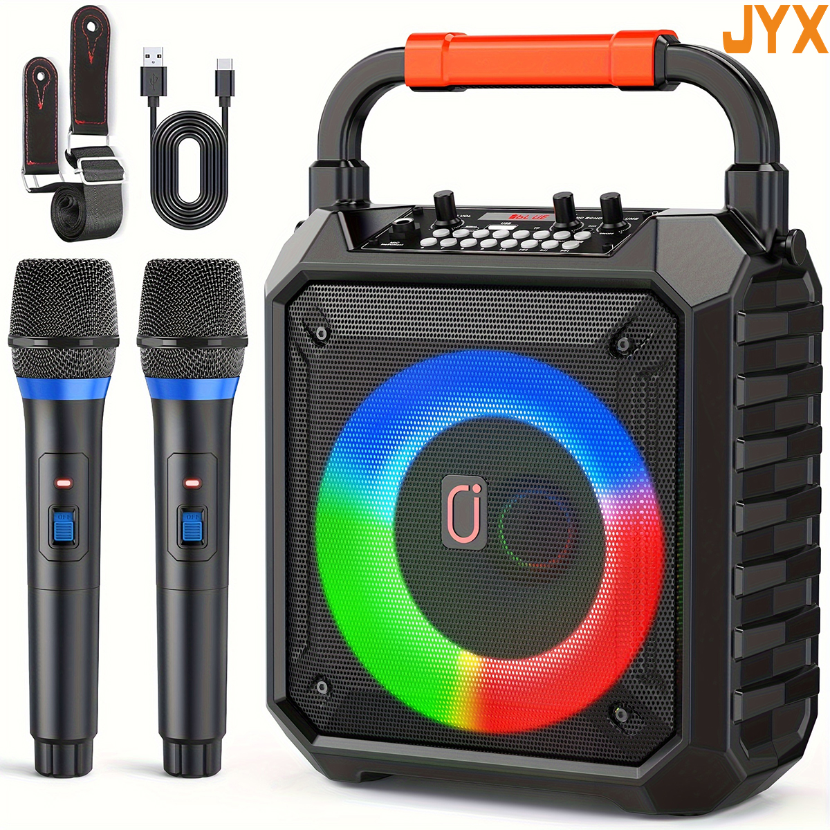 T17 カラオケマシンには、2 つのワイヤレスカラオケマイク、ポータブル Bluetooth スピーカーホームカラオケ 0K システム、RGB カラフルなライトが付属しています