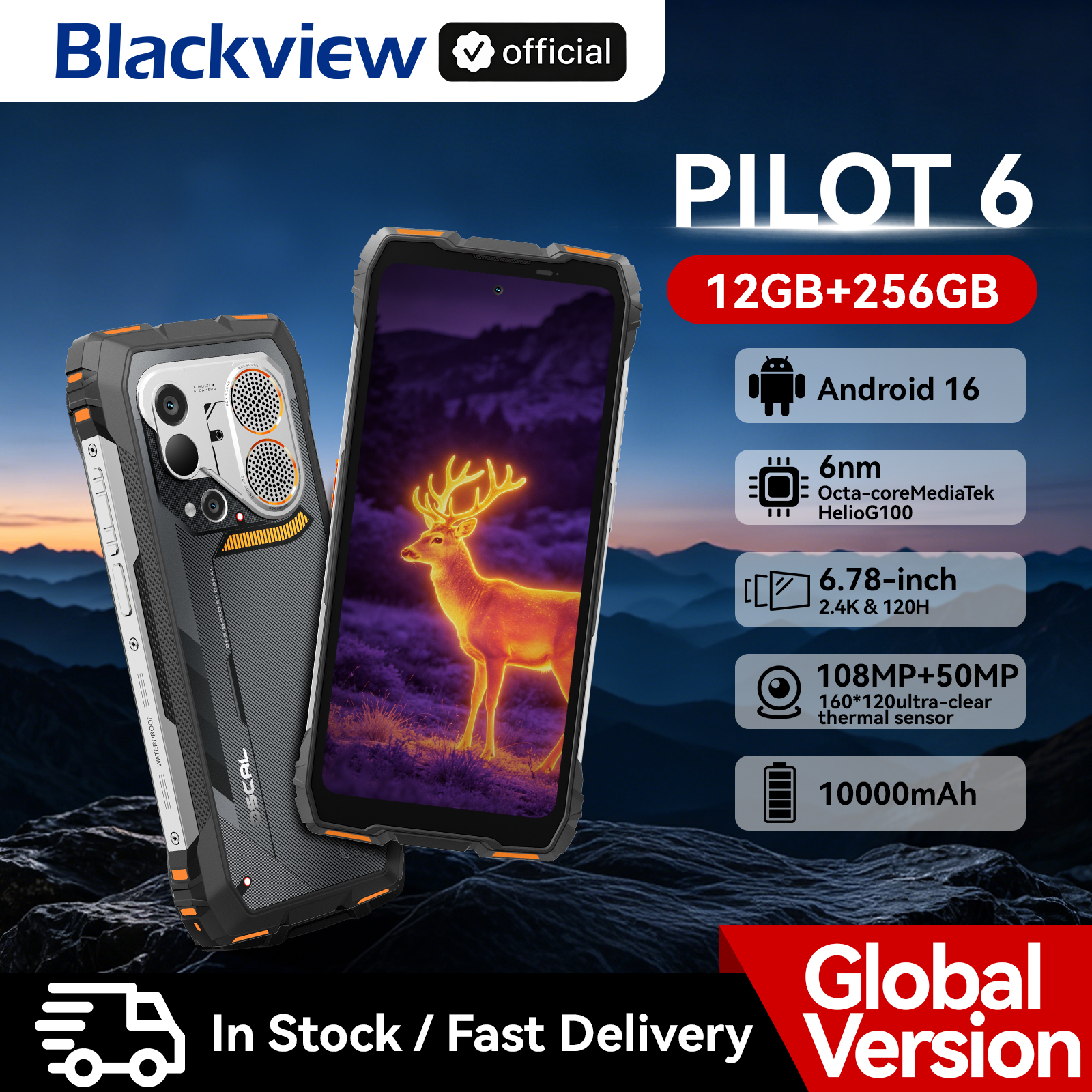 Blackview OSCAL PILOT 6 サーマルイメージング頑丈なスマートフォン MTK G100 6.67' 2.4K ディスプレイ 120Hz、12GB 256GB、10000mAh 電話デュアル 4G