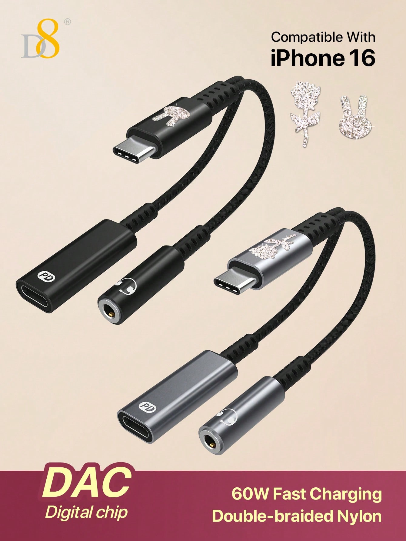 D8 USB-C - 3.5mm ヘッドフォンおよび充電アダプター、2-In-1 USB-C - AUX オーディオインターフェイス、PD 60W 高速充電アダプターケーブル付き、iPhone 16/16 Pro/16 Pro Max/15/15 Pro/15 Pro Max/15 Plus と互換性あり、