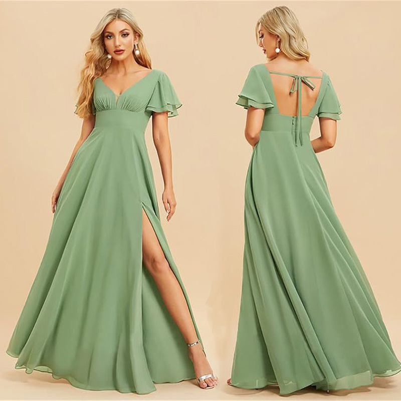カスタマイズスリットシフォン V ネック半袖プリーツオフショルダーイブニングブライドメイドドレスウェディングパーティーフォーマルプロムジッパーバック