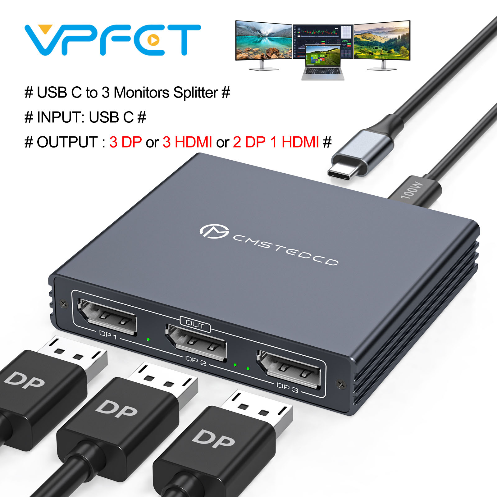 3 モニター用 USB C スプリッター 4K@60Hz USBC サンダーボルトから HDMI DP スプリッター 1 入力 3 出力サポート PD100W 充電共有マルチモニター