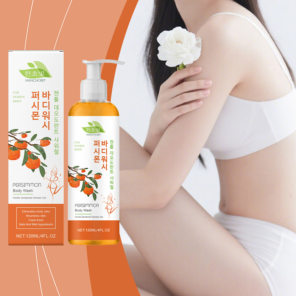 120ml パーシモンボディウォッシュ、優しい毎日の保湿シャワージェル、臭いコントロール用スキンケア用天然消臭石鹸