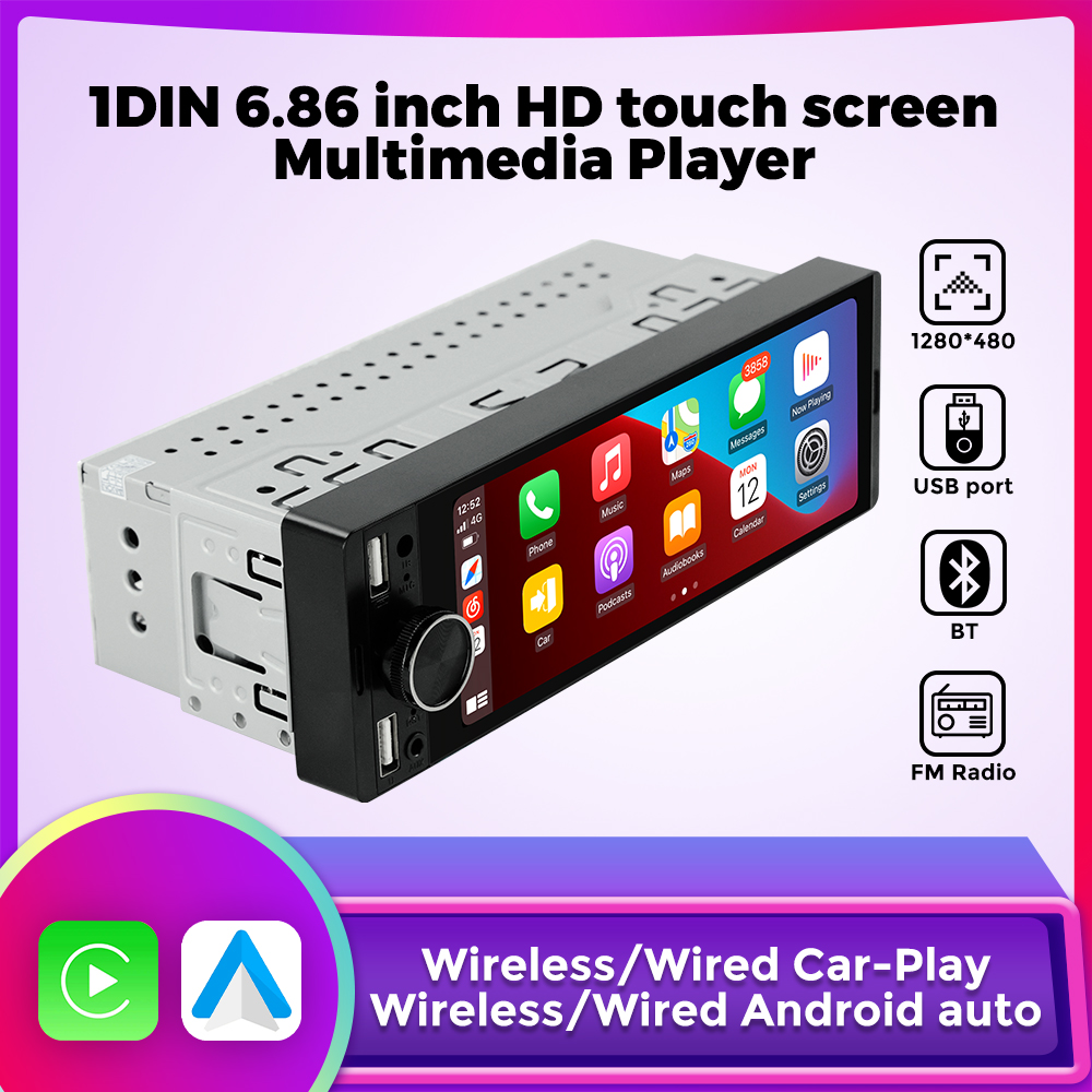 1DIN ユニバーサル MP5 6.86 インチカーラジオサポートワイヤレス Carplay Android AUTO AUX USB SWC BT タッチスクリーンマルチメディアビデオプレーヤー