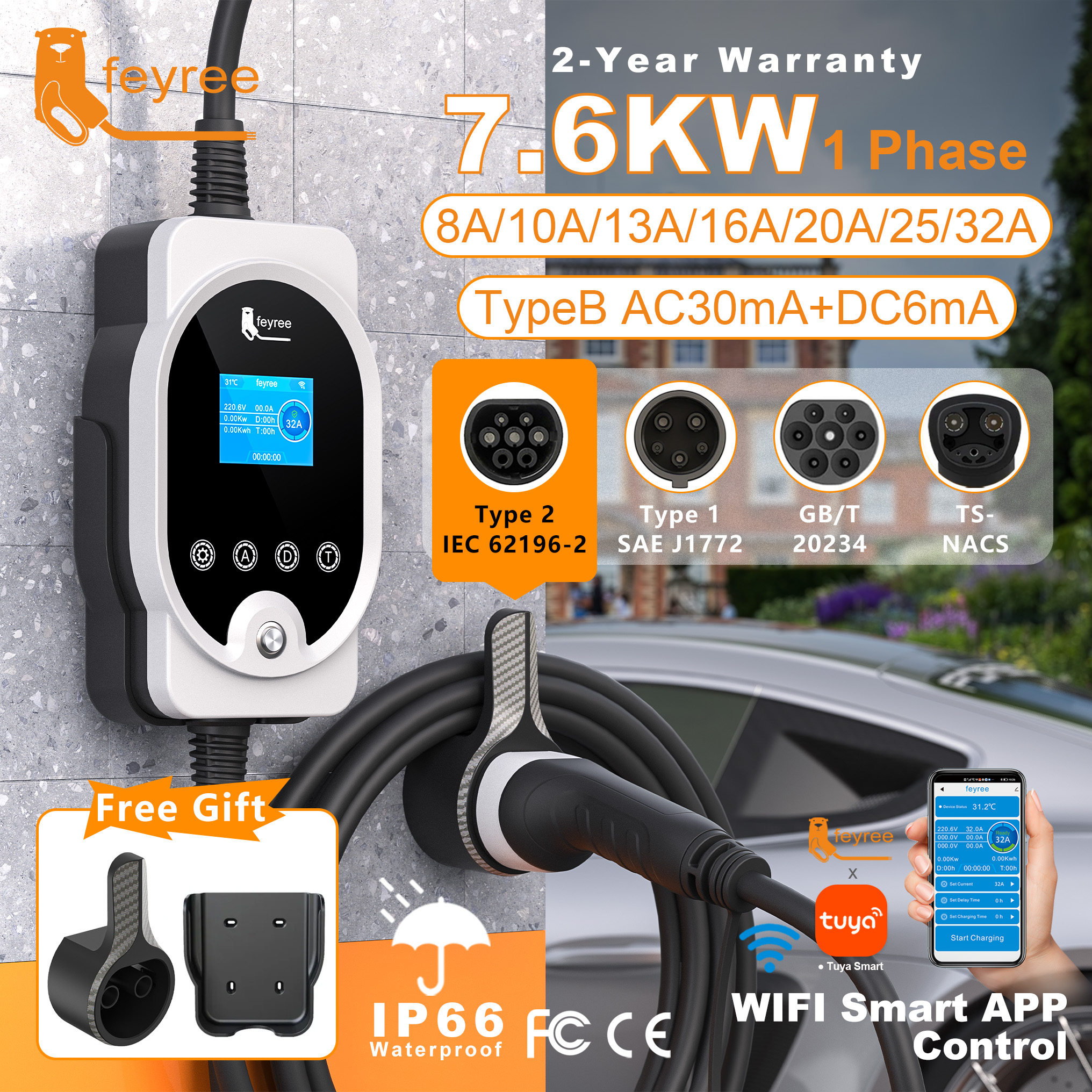 Feyree Type2 7KW 32A 1P APP Wi-Fi コントロール設定電流
