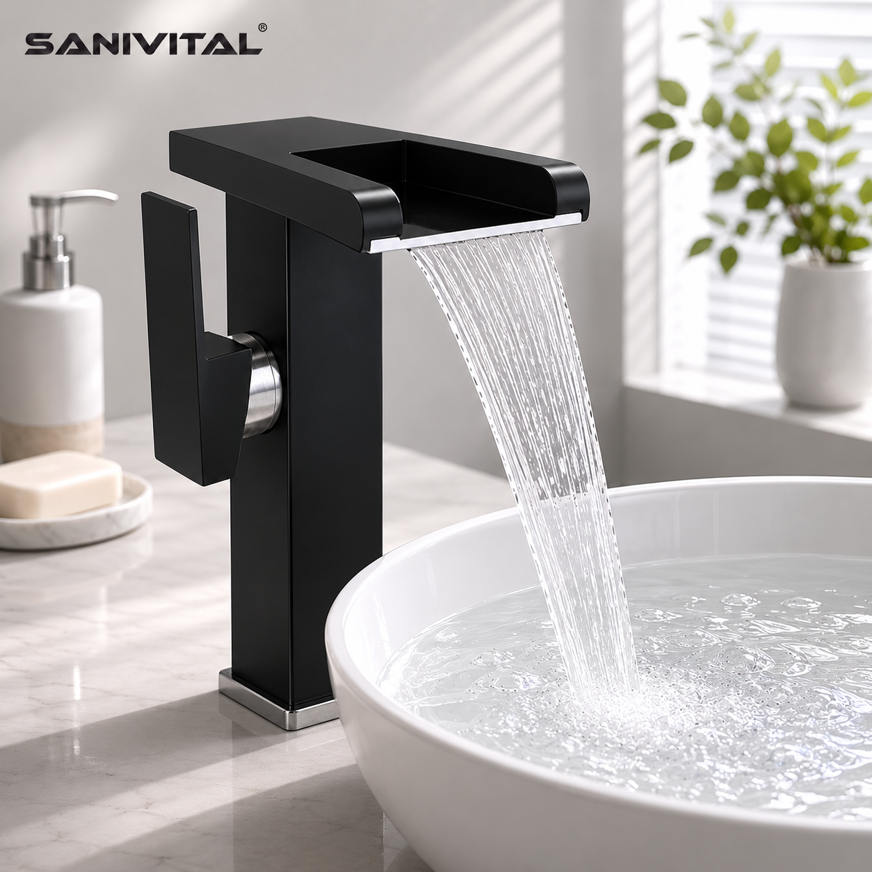 SANIVITAL 滝浴室の洗面台の蛇口シングルハンドルホットコールドミキサータップマットブラックシンクの蛇口デッキマウント