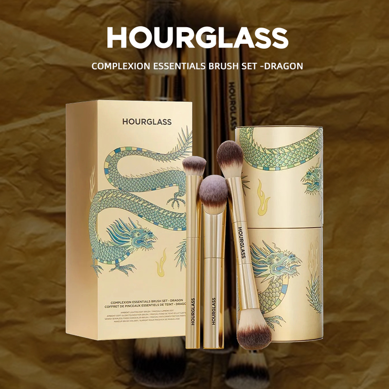 HOURGLASS Complexion Essentials ブラシ セット - ドラゴン シリーズ 3 メイクアップ ブラシ、パッケージ ボックスとブラシ バケツ付き